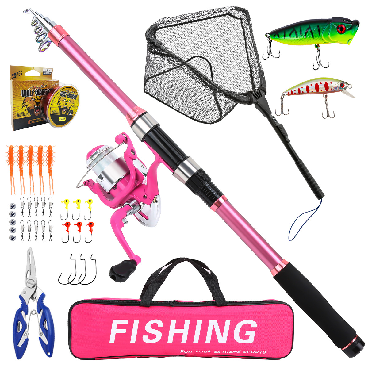 Fishing Rod Spinning - 釣り竿セット フルキット 伸縮式釣り竿とスピニングリール付き 餌 フック トラベルポールセット