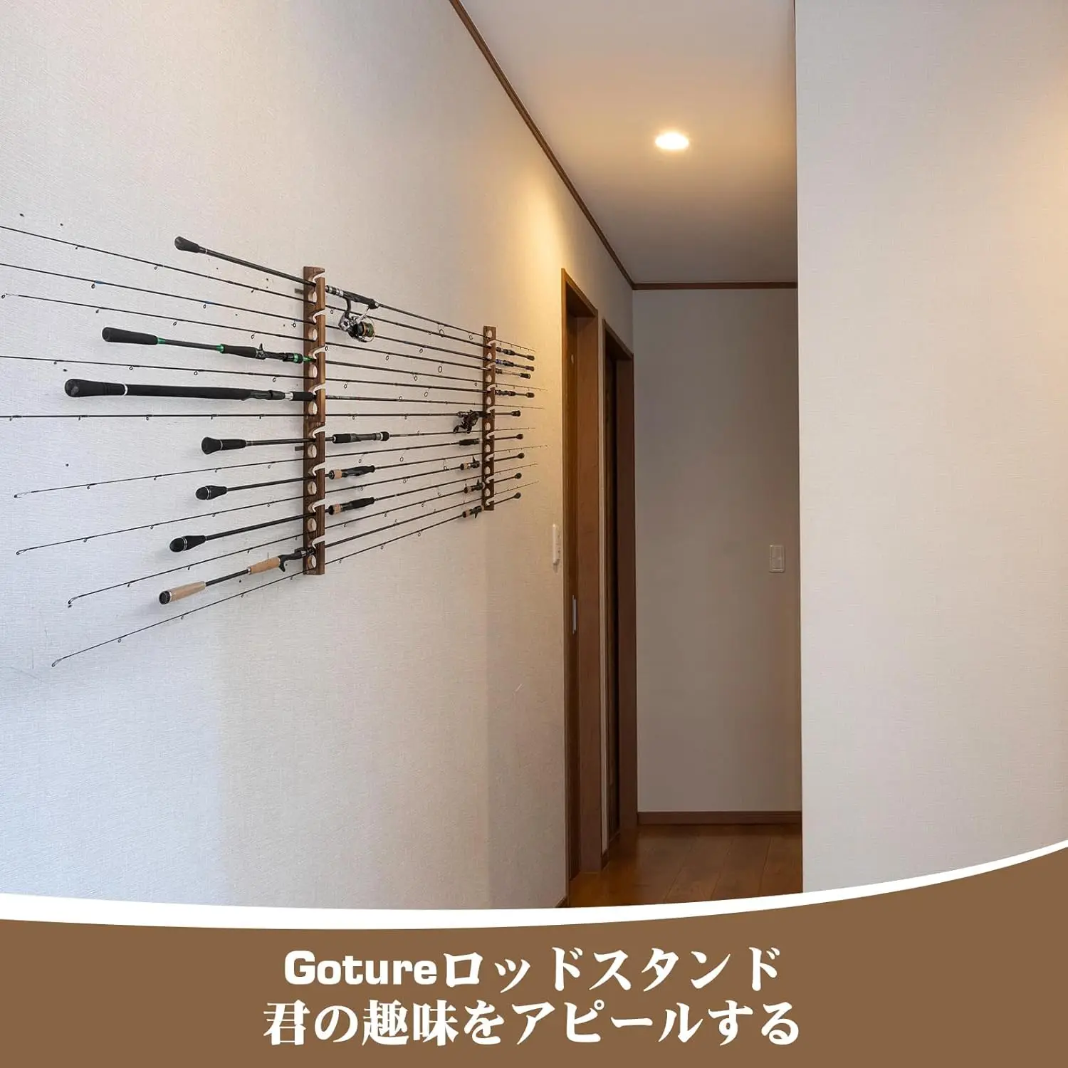 Fishing Rod Rack - Goture製釣り竿ホルダー、8穴付き木製竿用壁掛け式高品質収納ディスプレイラック、リビングルームやガレージに最適、最大2.5kgまで対応